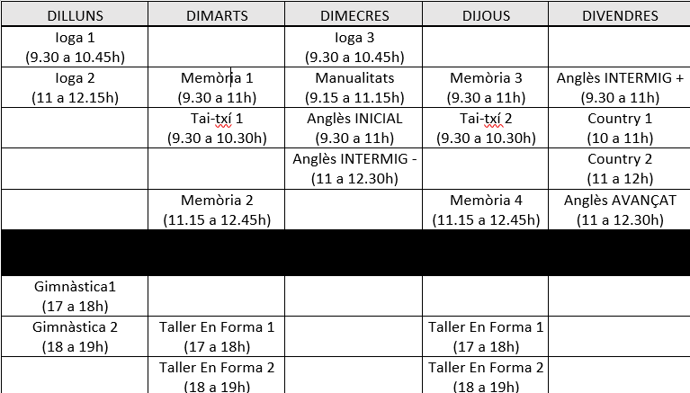 Calendari activitats associcació